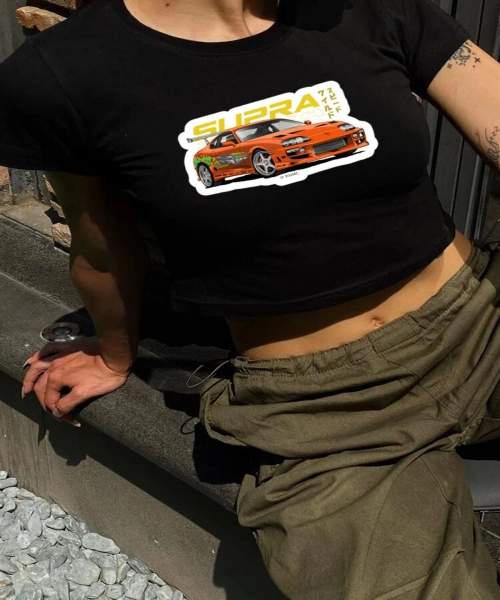 Y2K Sokak Stili Kırmızı Supra Baskılı Kısa Kollu Siyah Crop Body