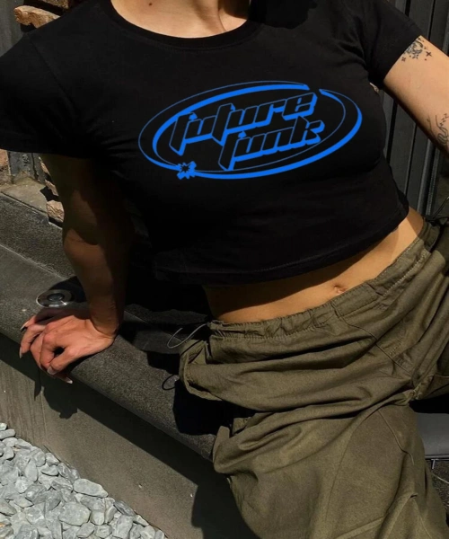 Y2K Sokak Stili Mavi Future Funk Baskılı Kısa Kollu Siyah Crop Body