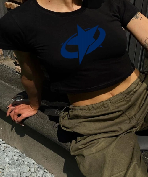 Y2K Sokak Stili Mavi Star Yıldız Baskılı Kısa Kollu Siyah Crop Body