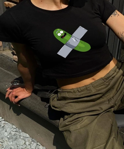 Y2K Sokak Stili Pickle Rick Baskılı Desenli Kısa Kollu Siyah Crop Body