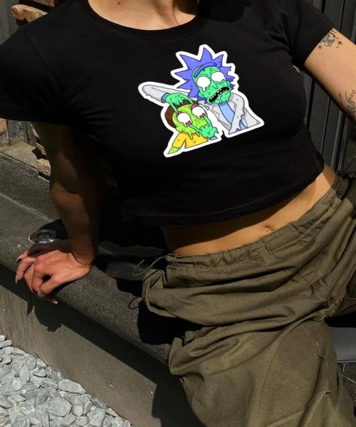 Y2K Sokak Stili Renkl Rick and Morty Desenli Baskılı Kısa Kollu Siyah Crop Body