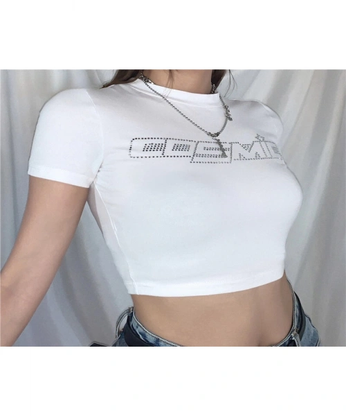 Y2K Taş İşleme Stone Cosmic Kısa Kollu Beyaz Crop Body