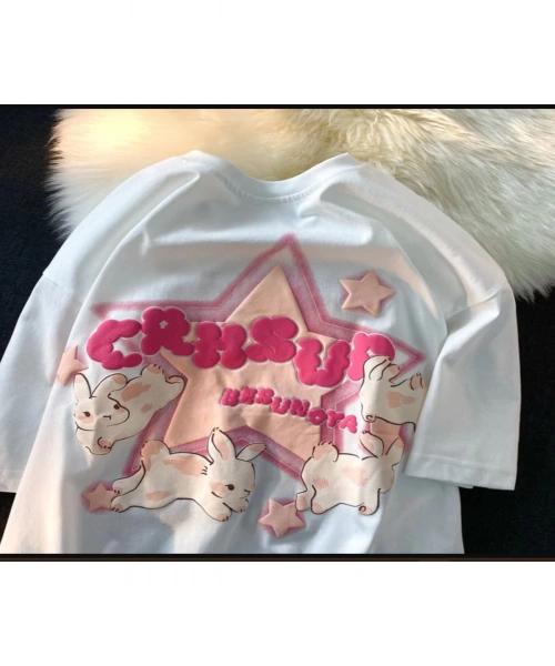 Y2K Tavşan Desenli Kısa Kollu Unisex Sırt Baskı T-shirt