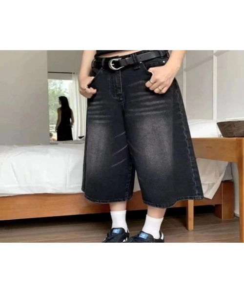 Y2k Vintage Geniş Kısa Paçalı Siyah Yıkamalı Retro Şort