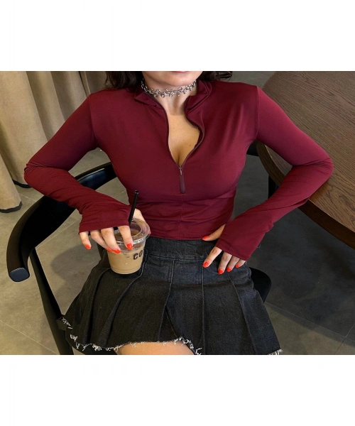 Yeni Düz Bordo Balıkçı Yaka Yarım Fermuarlı Kesik Parmaklı Uzun Kollu Crop THE SOLO