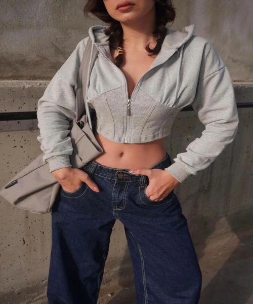 Yeni Gri Melanj Şeritli Crop Top Fermuarlı Kapüşonlu Sweatshirt