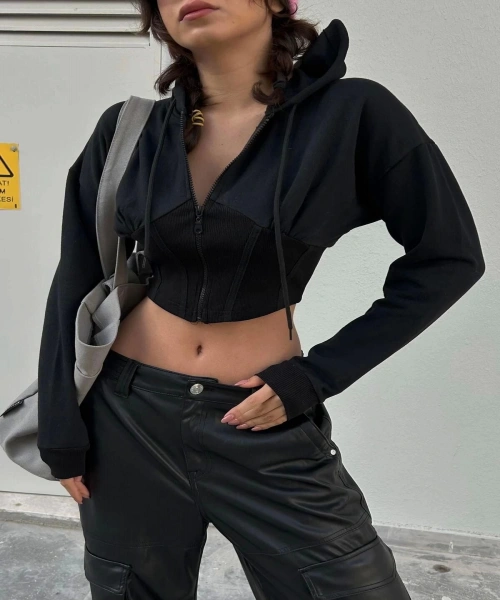 Yeni Siyah Şeritli Crop Top Fermuarlı Kapüşonlu Sweatshirt