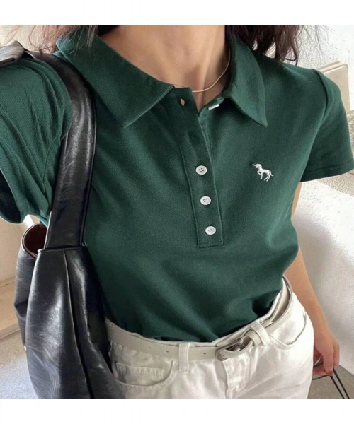 Yeşil Tek Boynuzlu At Baskılı Polo Yaka Düğmeli Kısa Kol Tshirt