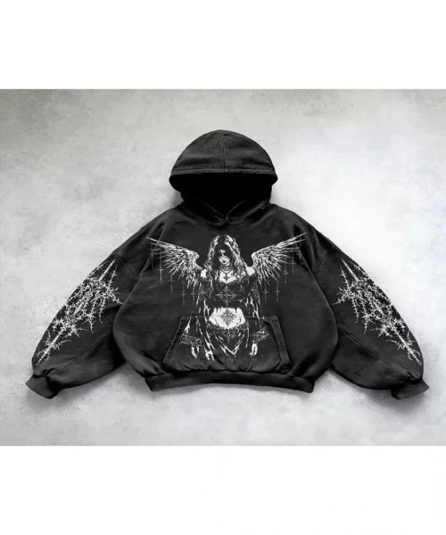Yıkamalı Angel Wings Women Gothic Kapüşonlu Sweatshirt