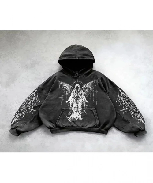 Yıkamalı Devil Winged Gothic Kapüşonlu Sweatshirt
