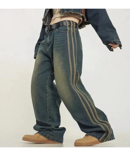 Yıkamalı Eskitme Şerit Detaylı Baggy Model Jean Pantolon