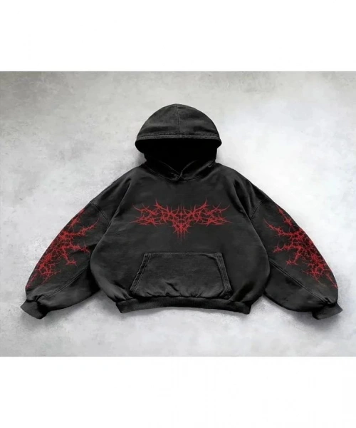 Yıkamalı Punk Gothic Kapüşonlu Sweatshirt