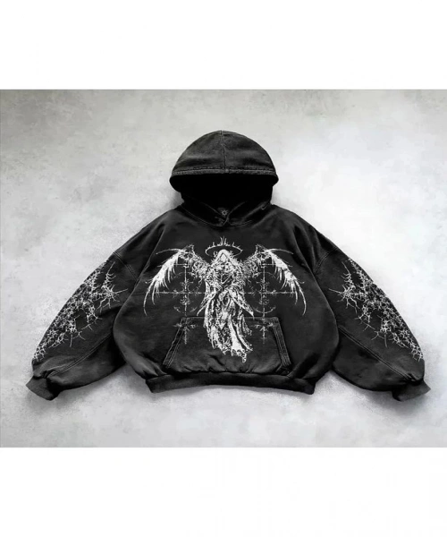 Yıkamalı Skeptical Angel Gothic Kapüşonlu Sweatshirt