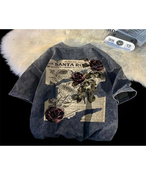 Yıkamalı Streetwear Rose Baskılı Unisex Oversize Vintage T-shirt