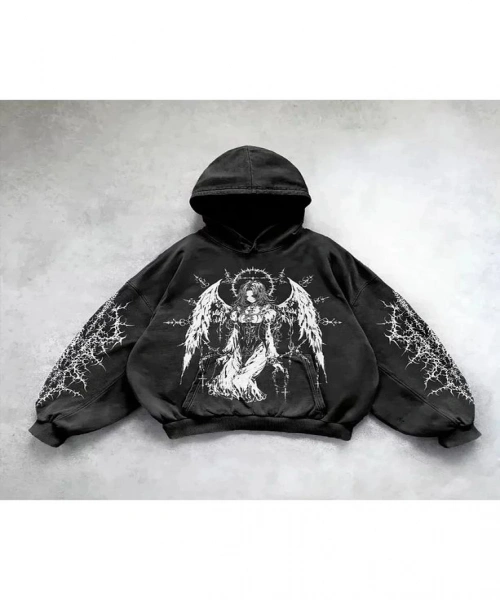 Yıkamalı Thinking Angel Woman Gothic Kapüşonlu Sweatshirt