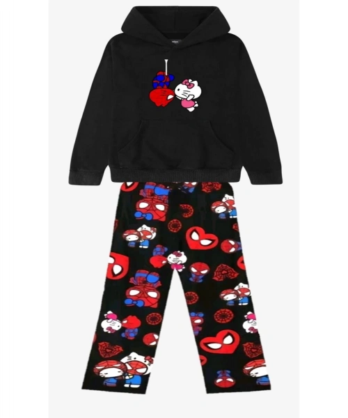 Yk2 Hello Kitty Spider-man Love Siyah Sweatshirt Siyah Eşofman Altı Alt-Üst Takım