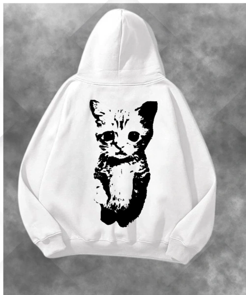 Masum Cat Figür Baskılı Unisex Oversize Kapüşonlu Sweatshirt