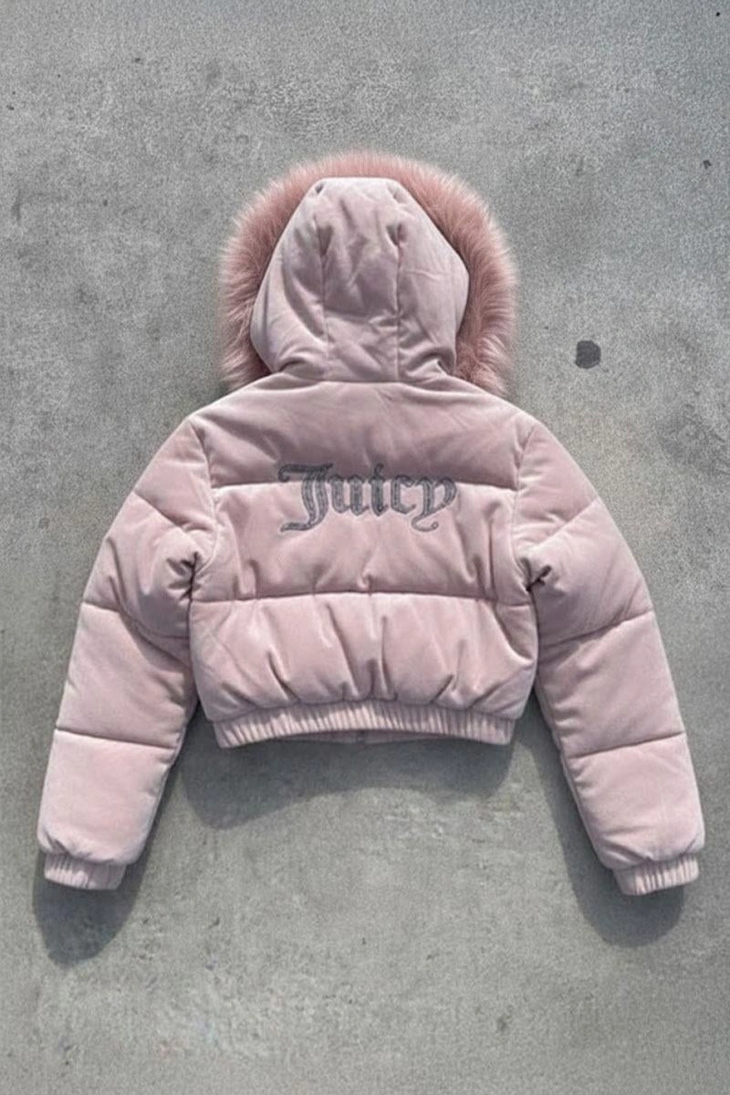 Pembe Juicy Peluş Kapüşonlu Şişme Crop Mont