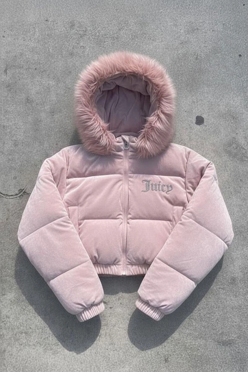 Pembe Juicy Peluş Kapüşonlu Şişme Crop Mont