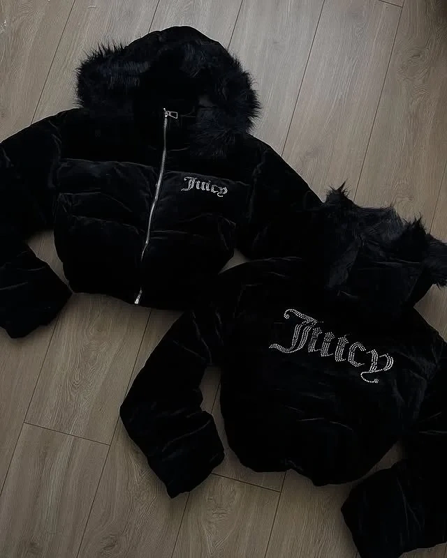 Siyah Juicy Peluş Kapüşonlu Şişme Crop Mont