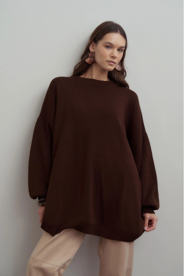 Yarasa Kol Bisiklet Yaka Oversize Rahat Kalıp Triko Tunik KAHVE