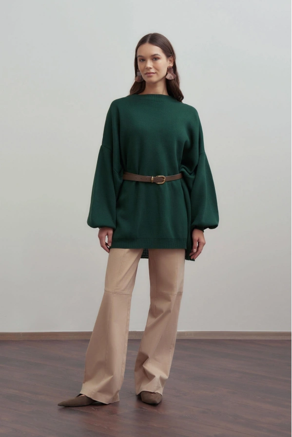 Yarasa Kol Bisiklet Yaka Oversize Rahat Kalıp Triko Tunik YEŞİL