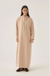 ALLDAY Büyük Beden Kapüşonlu Basic Örme Elbise CAMEL