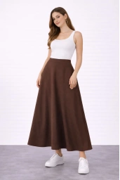 FELLİ BELİ LASTİKLİ YUMUŞAK DOKULU ÇAN ETEK KAHVE