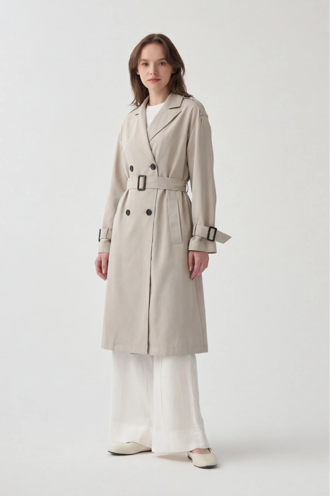 ALLDAY Apoletli Uzun Trençkot TAŞ