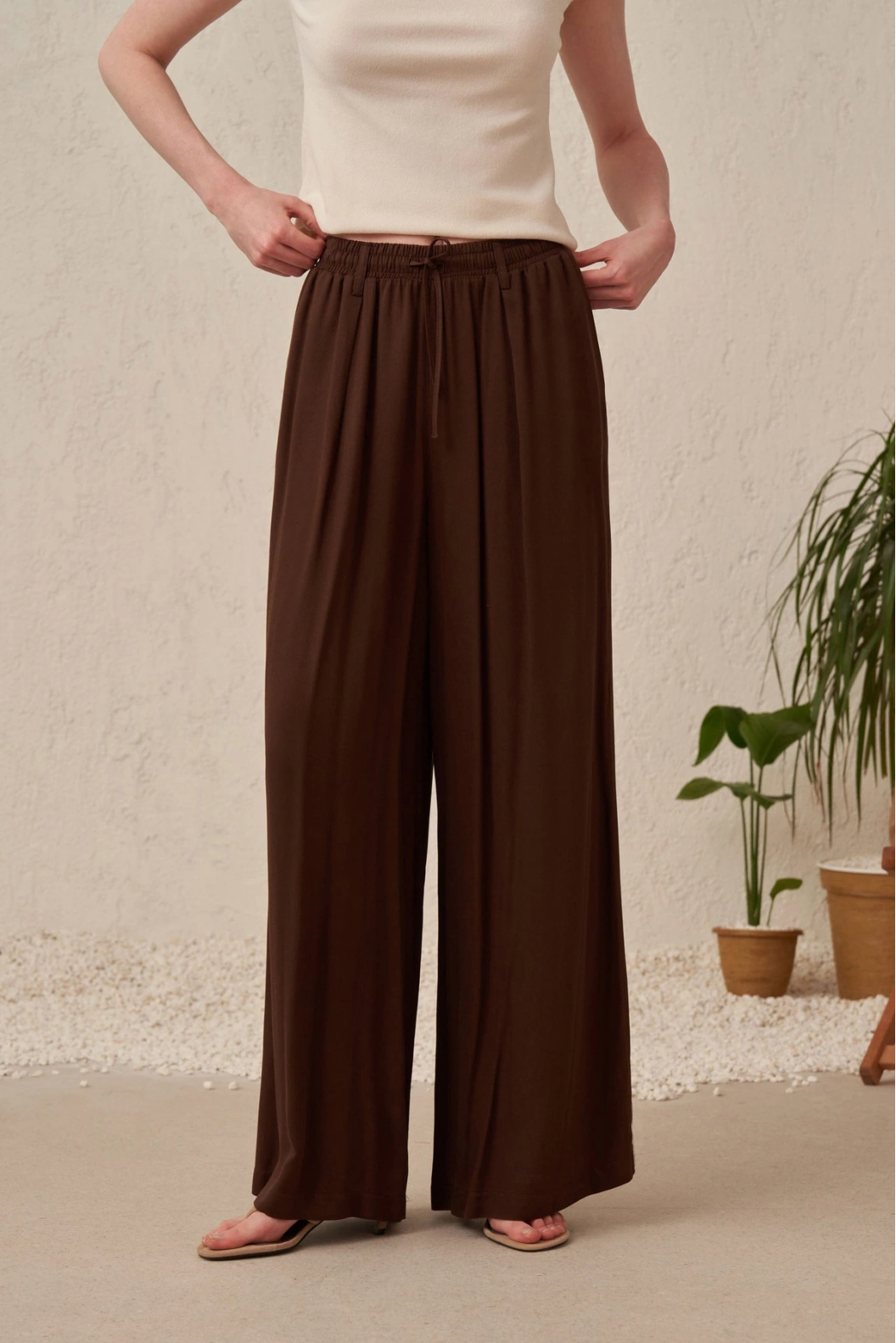 ALLDAY Beli Lastikli Geniş Paça Liyosel Pantolon KAHVE