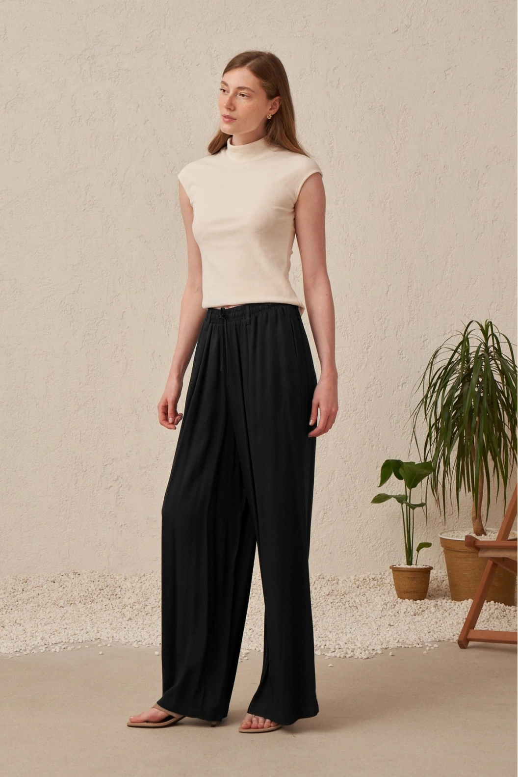 ALLDAY Beli Lastikli Geniş Paça Liyosel Pantolon SİYAH
