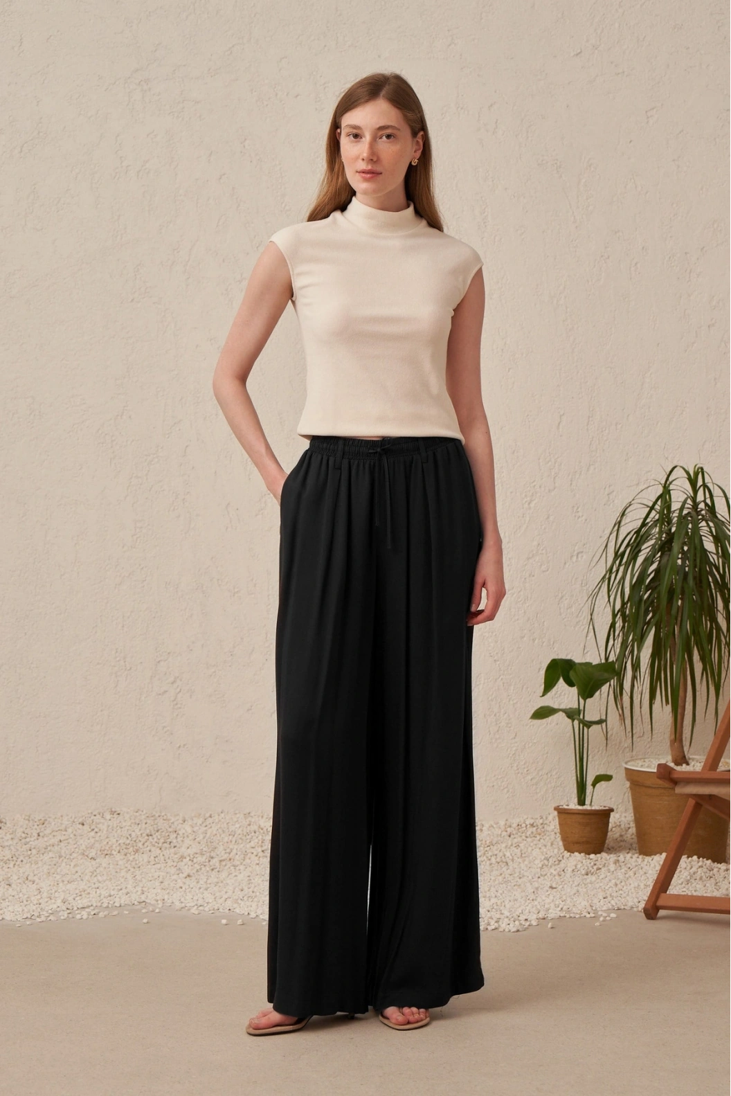 ALLDAY Beli Lastikli Geniş Paça Liyosel Pantolon SİYAH