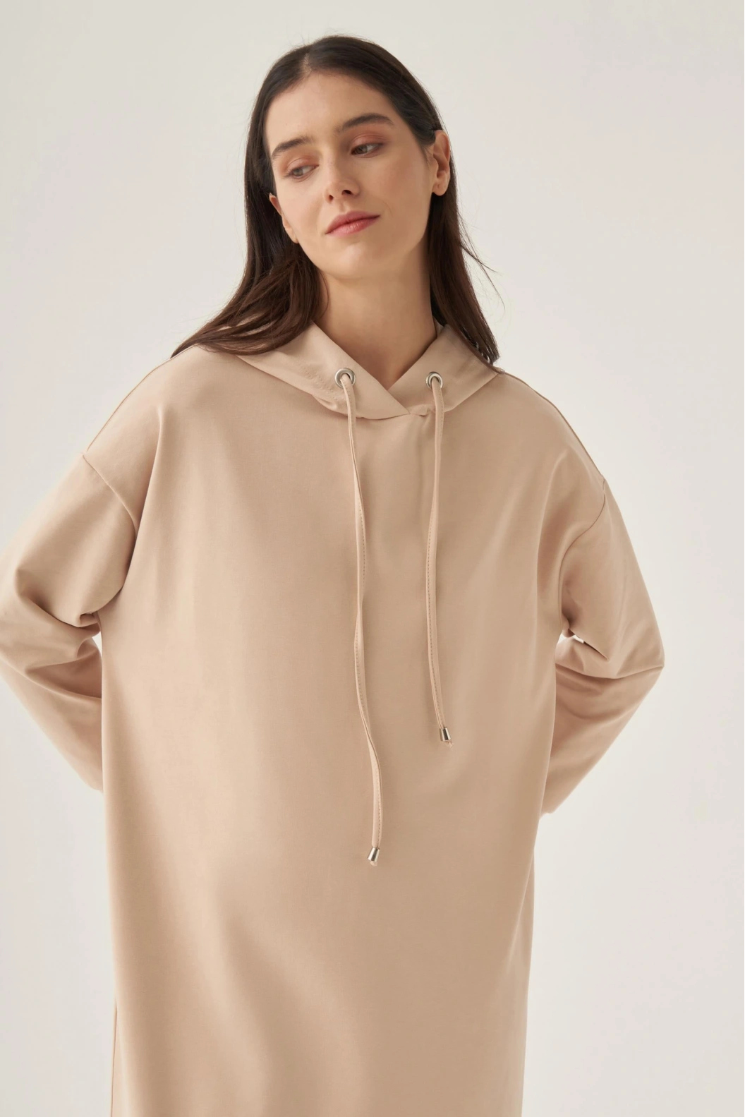ALLDAY Büyük Beden Kapüşonlu Basic Örme Elbise CAMEL