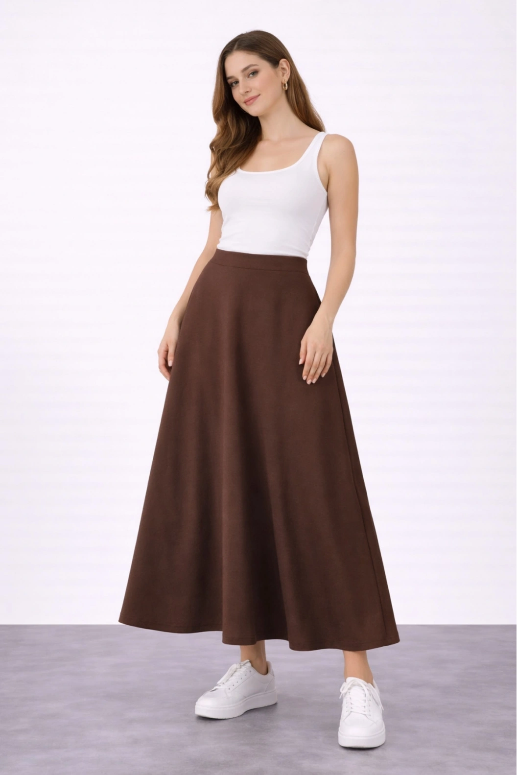 FELLİ BELİ LASTİKLİ YUMUŞAK DOKULU ÇAN ETEK KAHVE