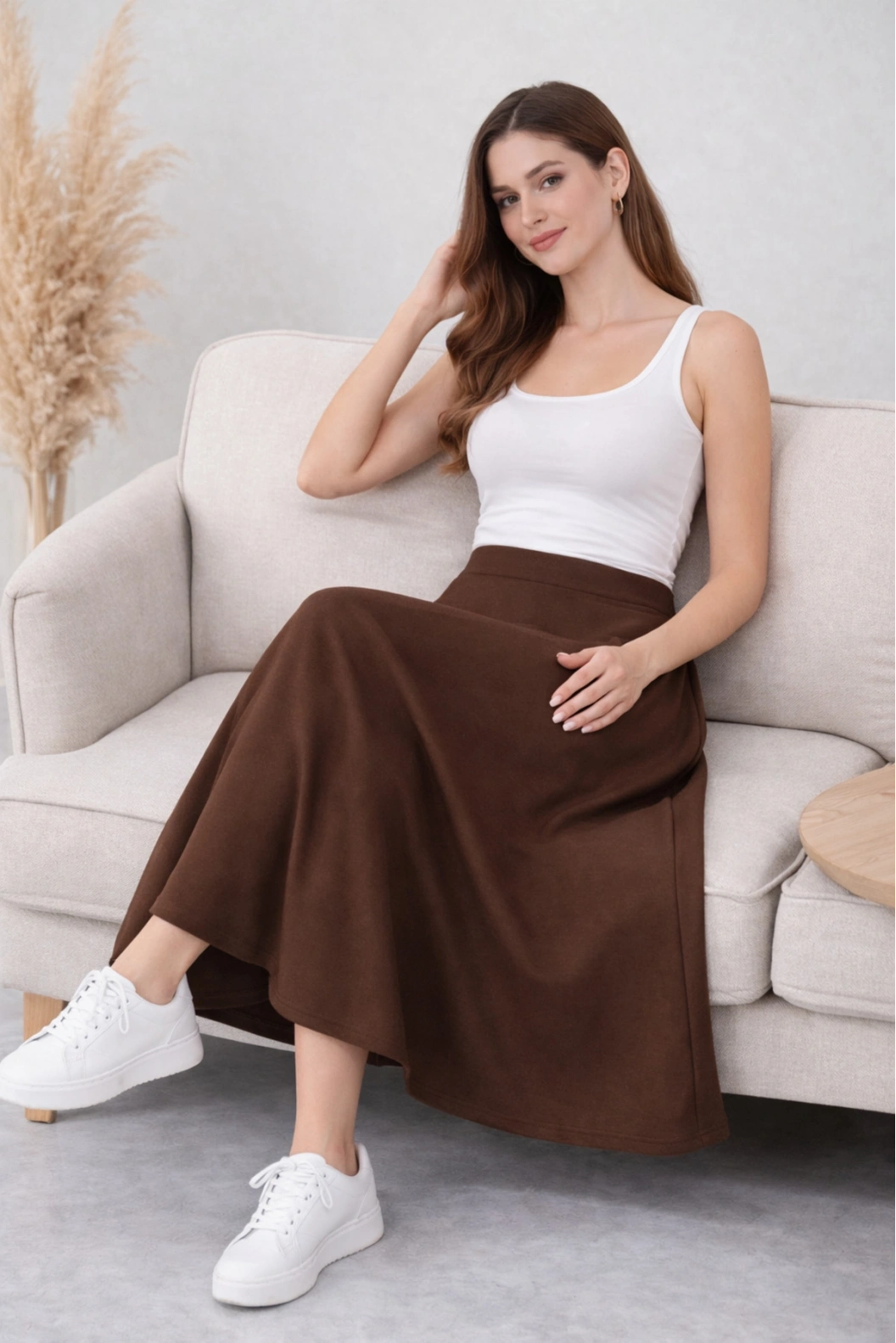 FELLİ BELİ LASTİKLİ YUMUŞAK DOKULU ÇAN ETEK KAHVE