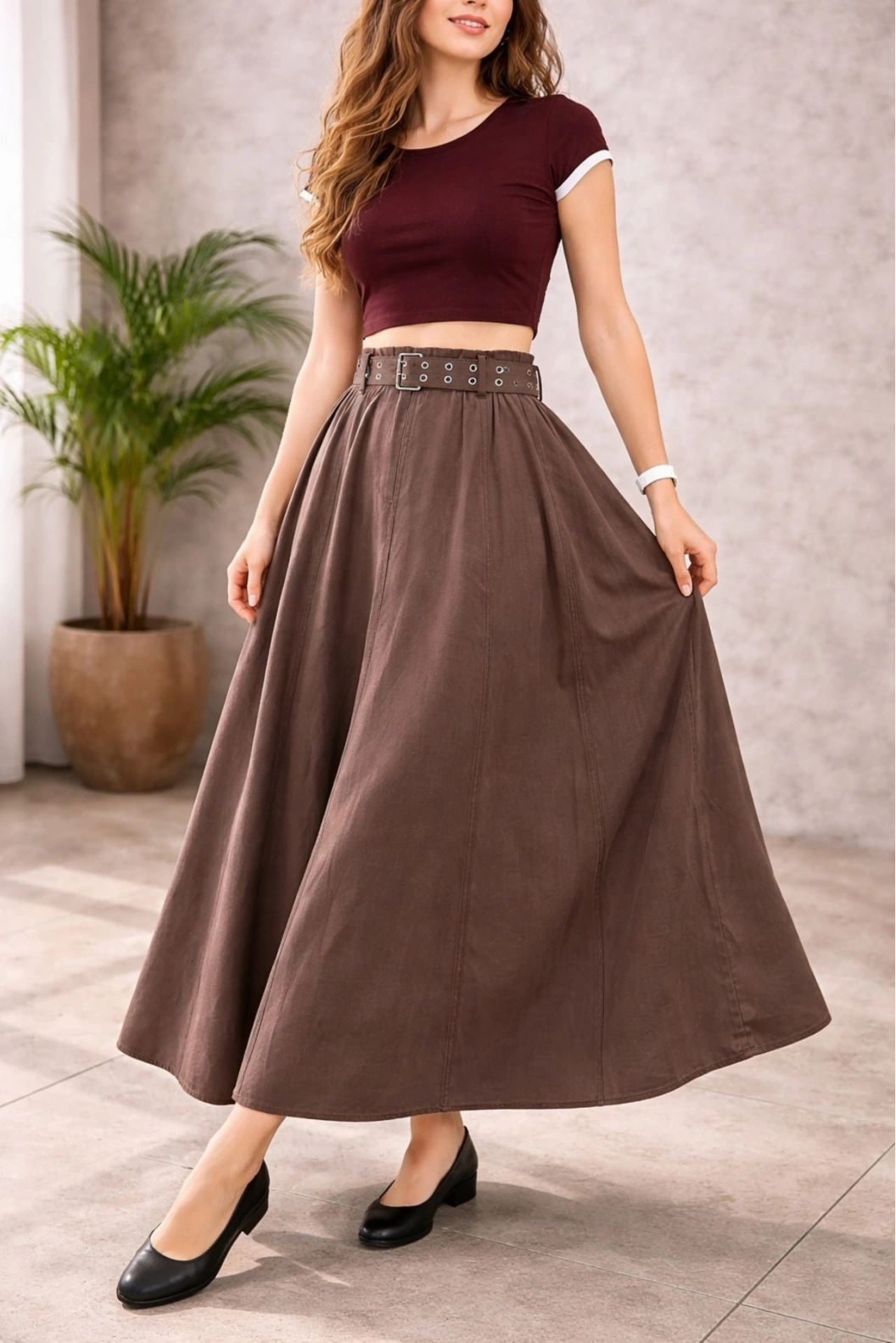 İKOLL  Yüksek Bel Kuş Gözlü Kemerli Parçalı Uzun Etek KAHVE