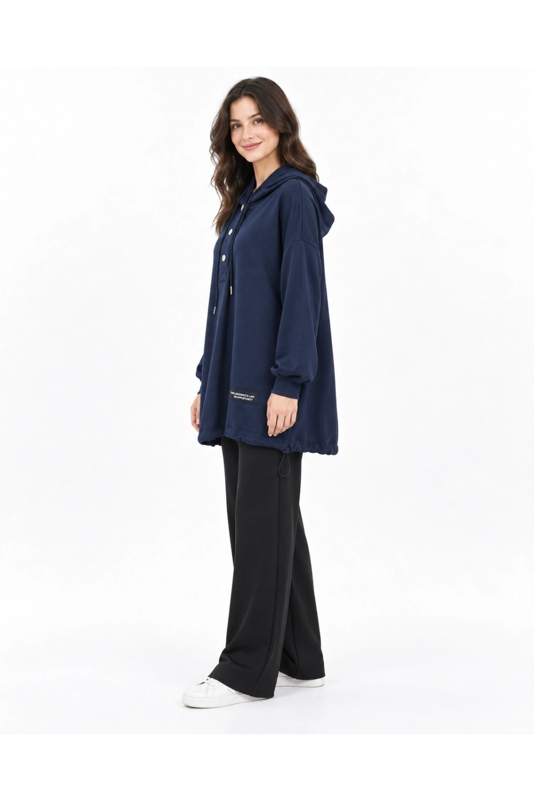 Kapüşonlu Düğme Detaylı Oversize Rahat Kalıp Sweat-Tunik LACİ