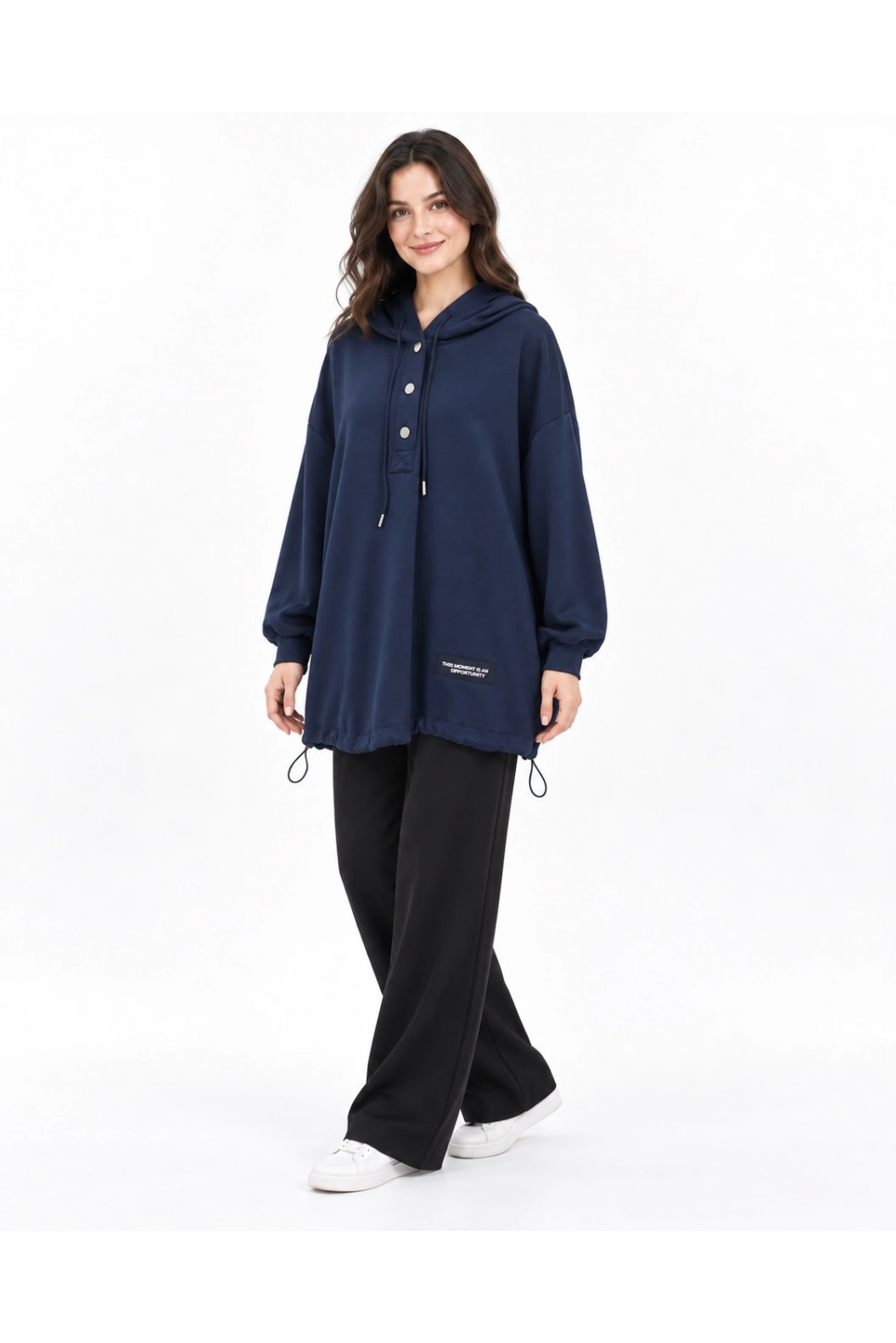 Kapüşonlu Düğme Detaylı Oversize Rahat Kalıp Sweat-Tunik LACİ