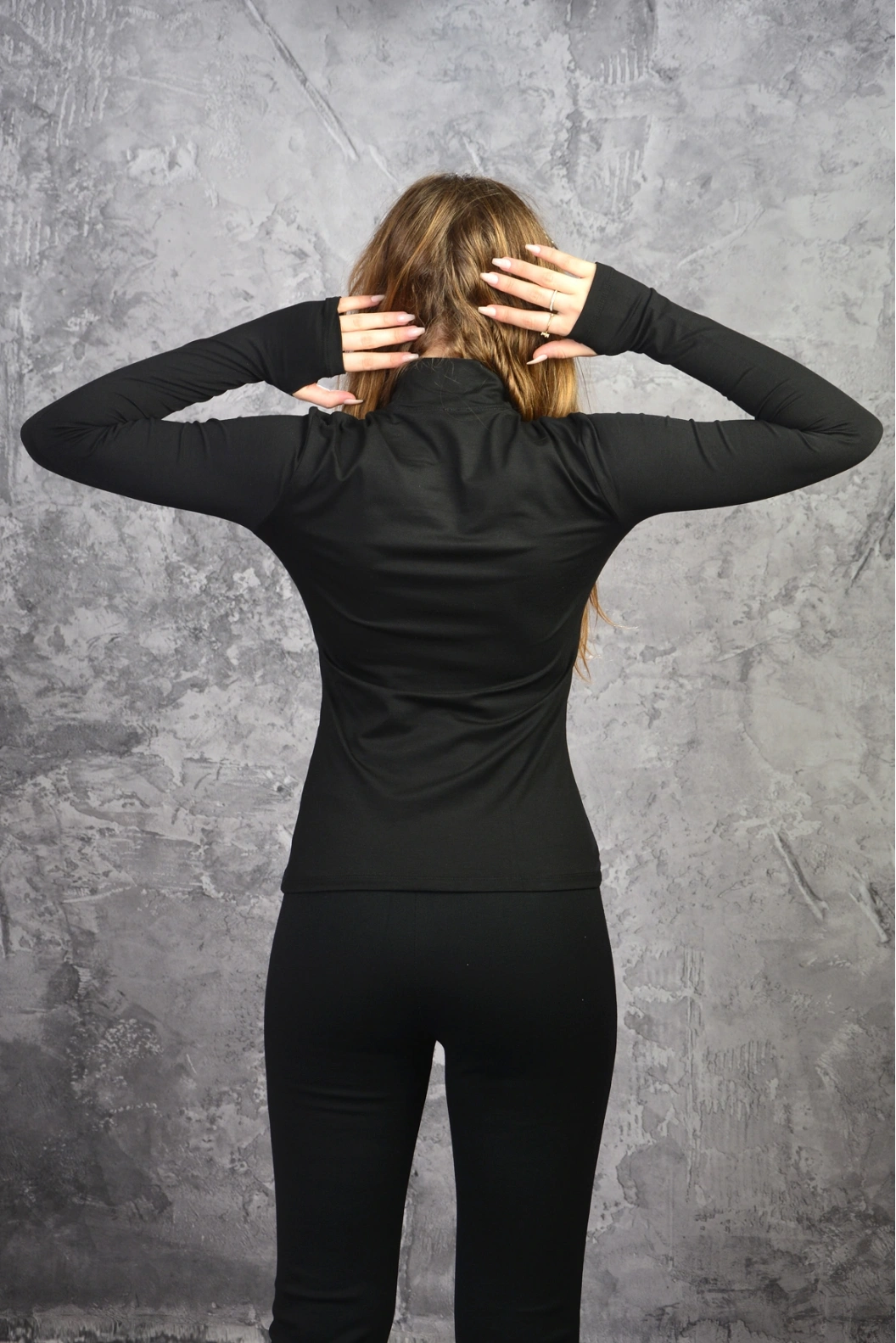 P.N.R Kadın Viskon Yarım Balıkçı Uzun Kollu Parmak Geçmeli Basic Body SİYAH