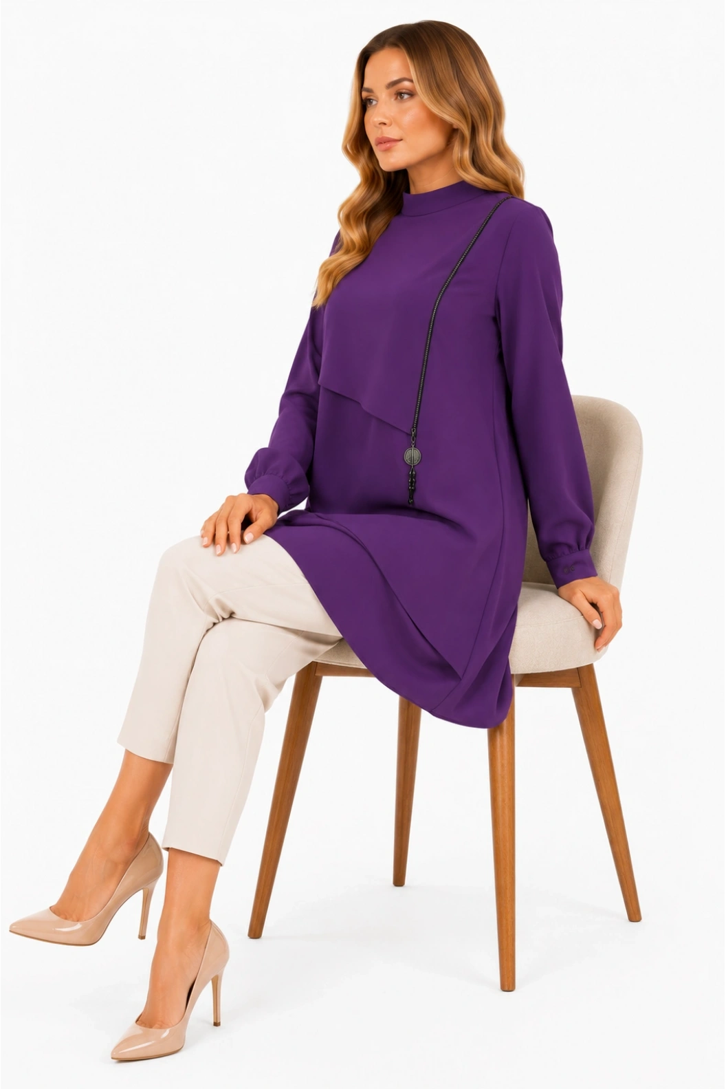 PERFECT Asimetrik Kat Detaylı Fermuar Aksesuarlı Tunik LİLA