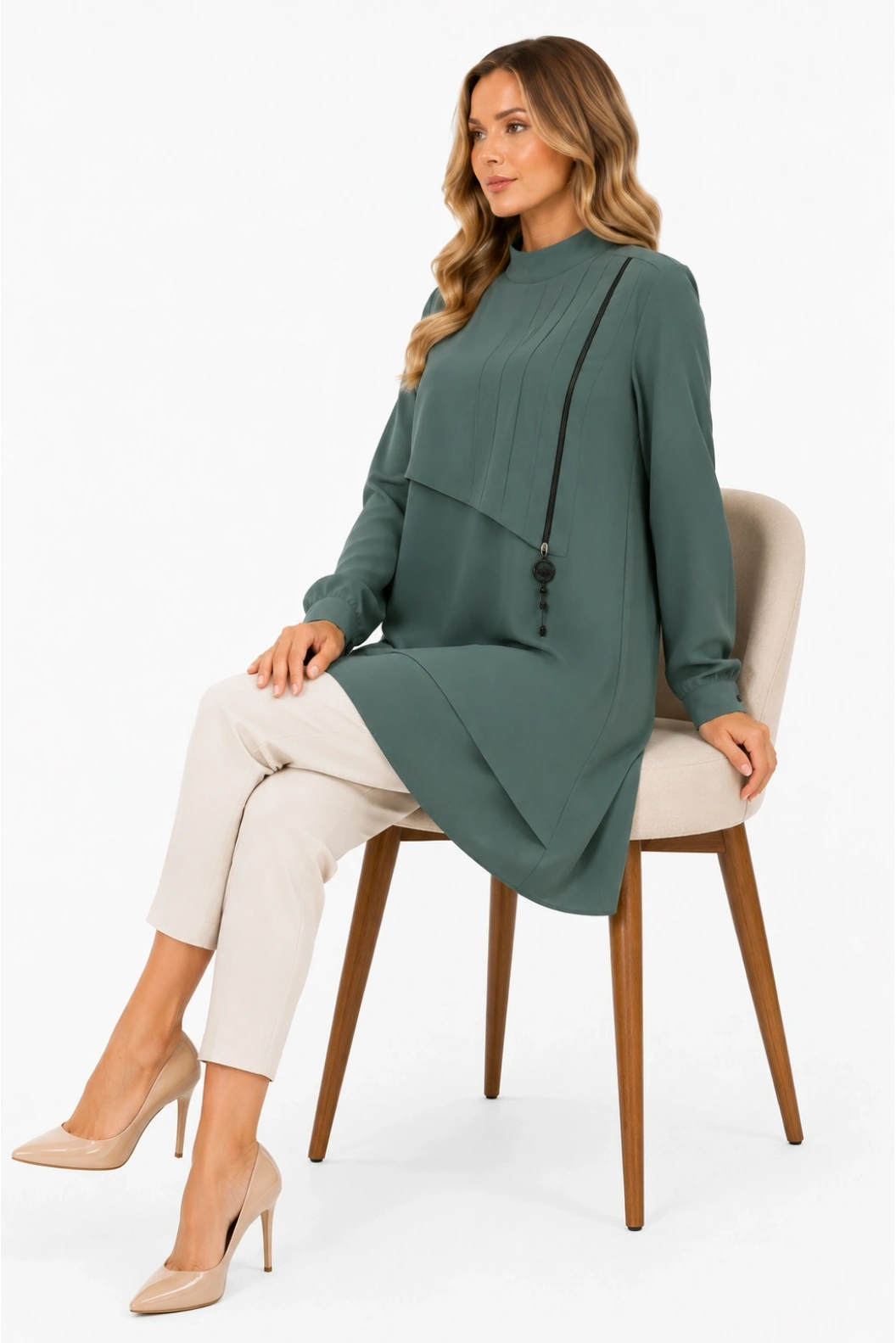 PERFECT Asimetrik Kat Detaylı Fermuar Aksesuarlı Tunik YEŞİL