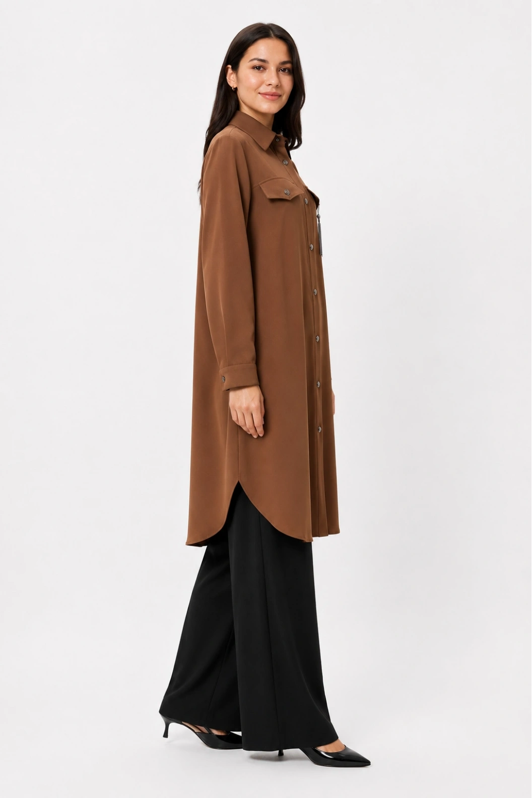PERFECT Modal Kumaş Gömlek Yaka Düğmeli Zincir Aksesuarlı Tunik KAHVE
