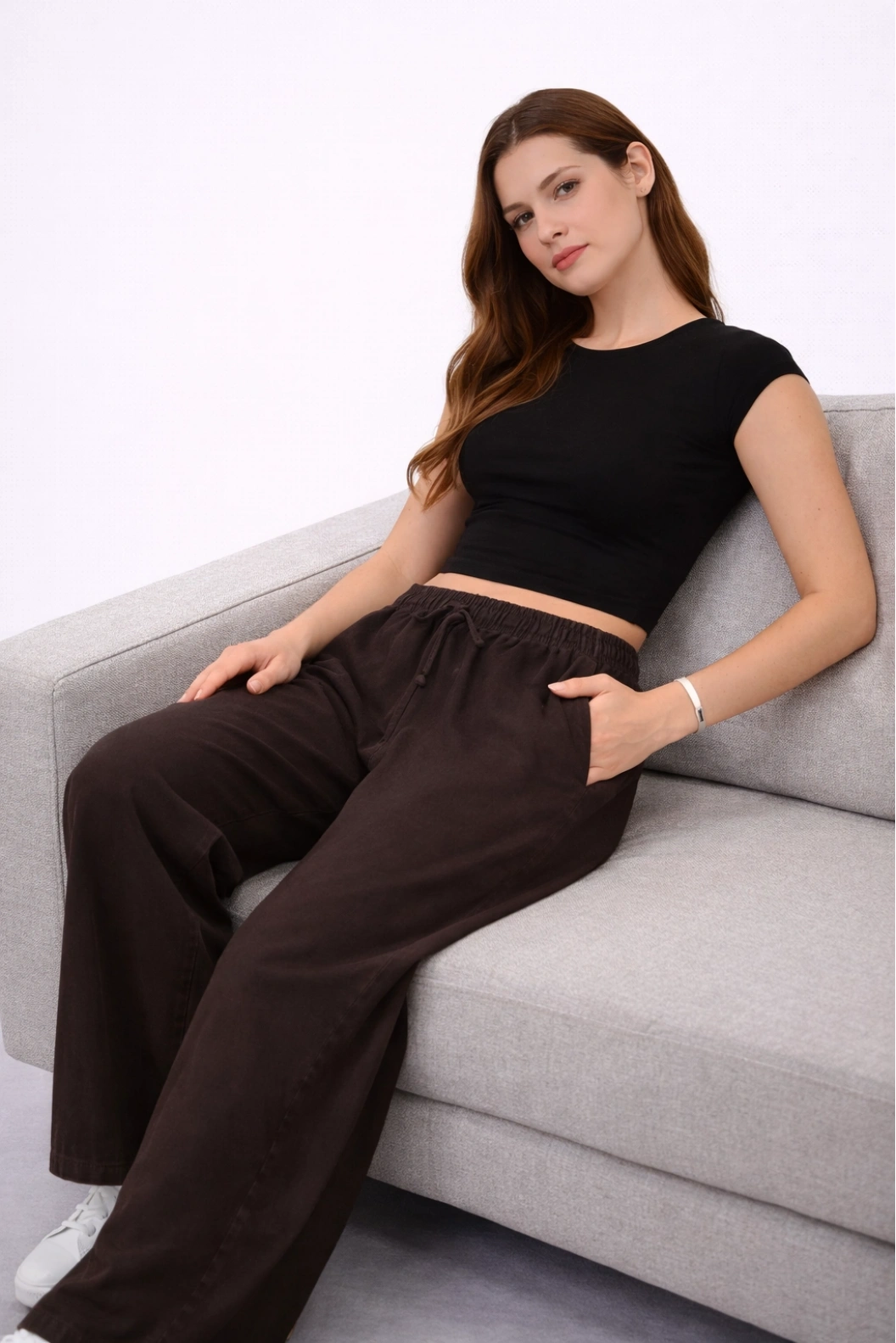 TELVİN Beli Lastikli Geniş Paça Tensel Pantolon KAHVE