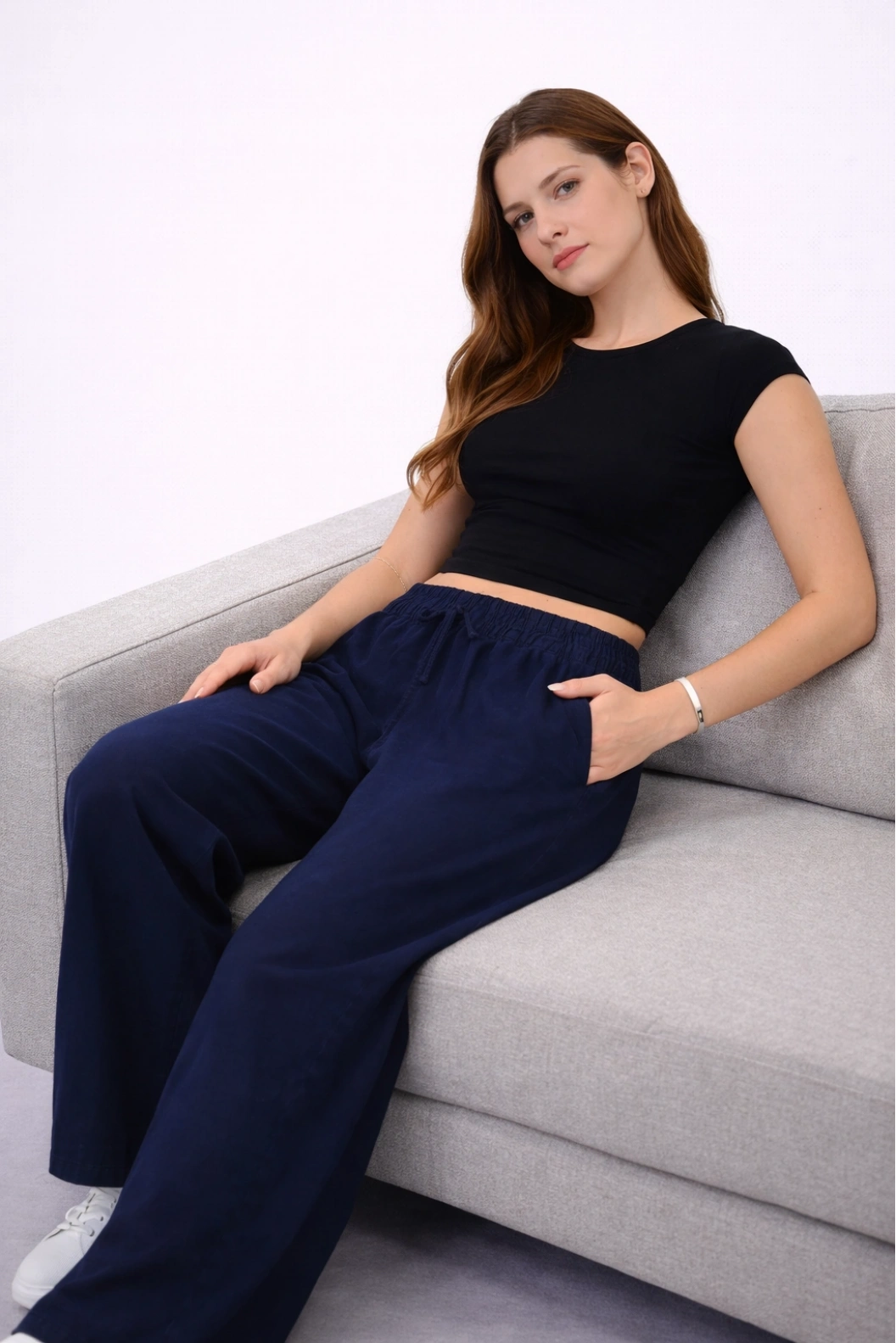 TELVİN Beli Lastikli Geniş Paça Tensel Pantolon LACİ