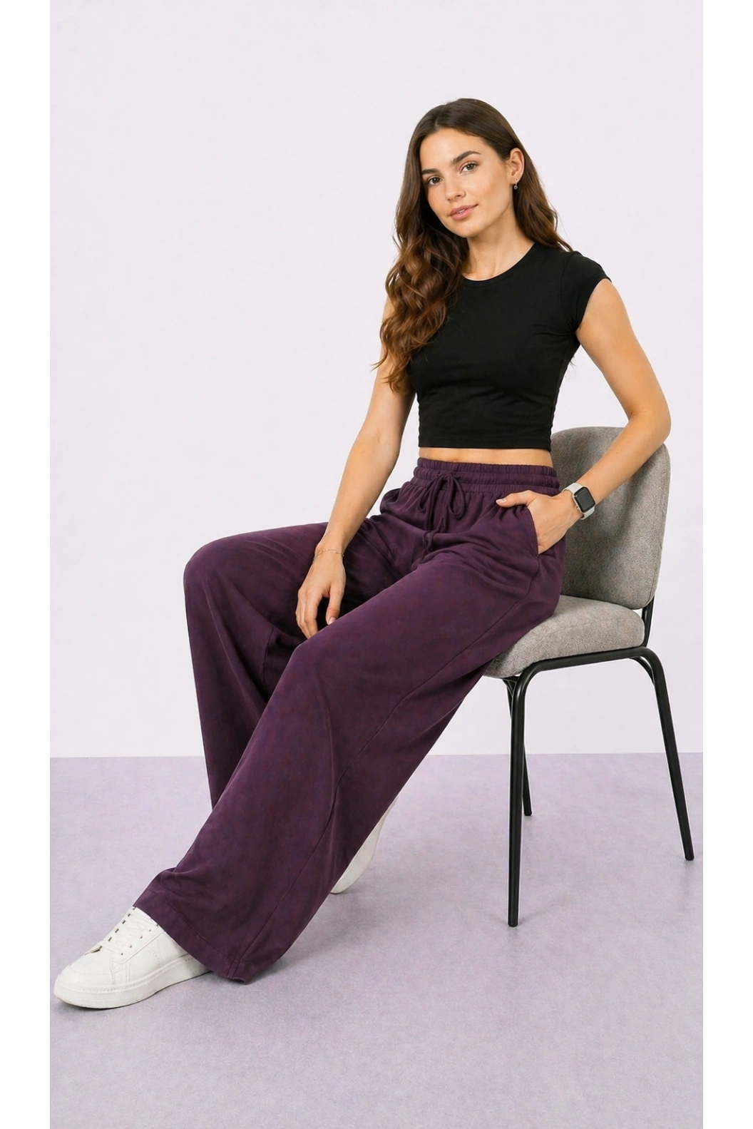 TELVİN Beli Lastikli Geniş Paça Tensel Pantolon MÜRDÜM