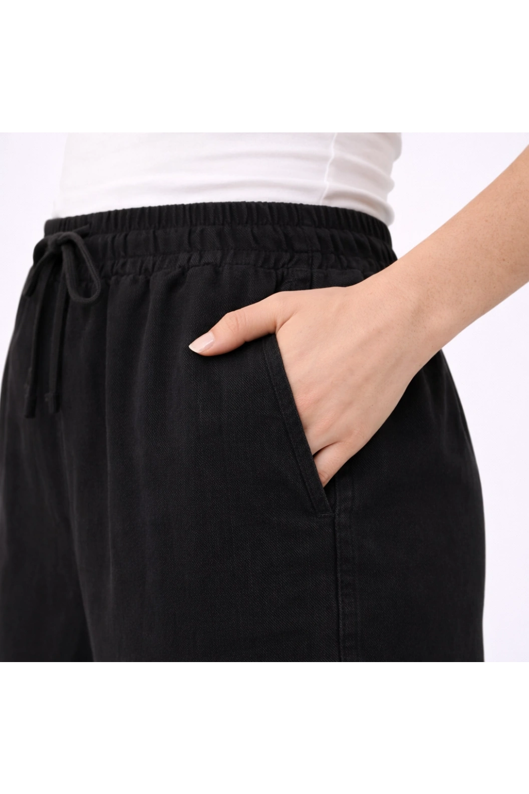TELVİN Beli Lastikli Geniş Paça Tensel Pantolon SİYAH