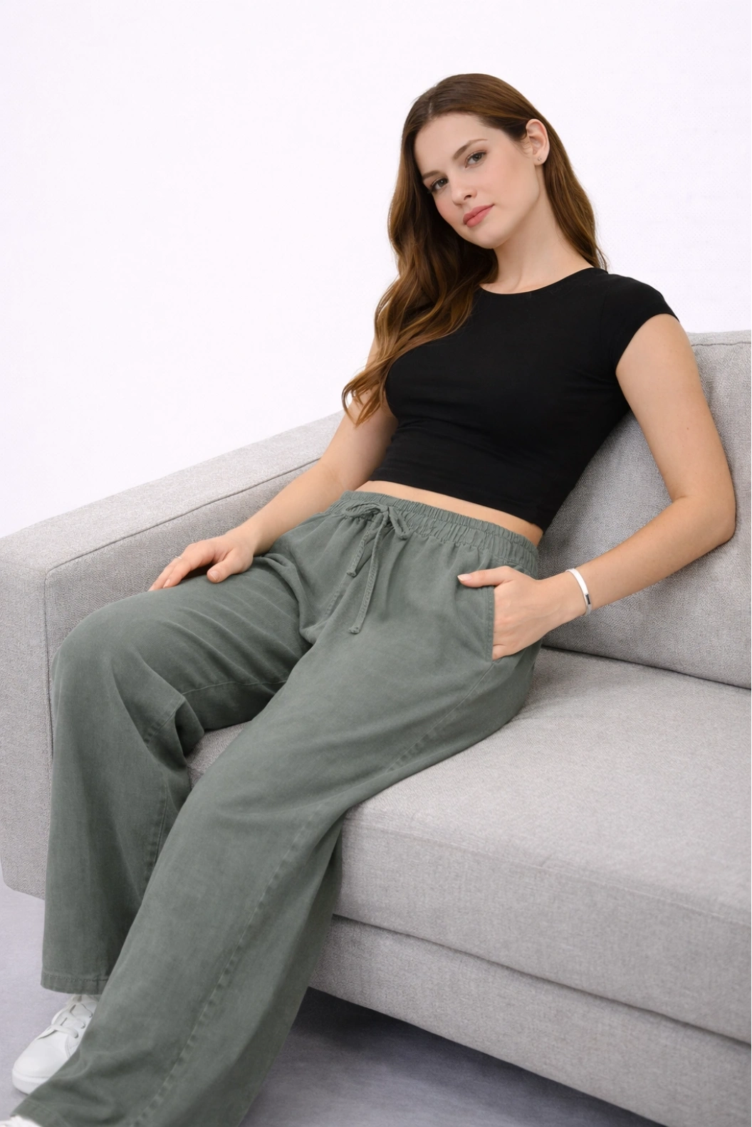 TELVİN Beli Lastikli Geniş Paça Tensel Pantolon YEŞİL