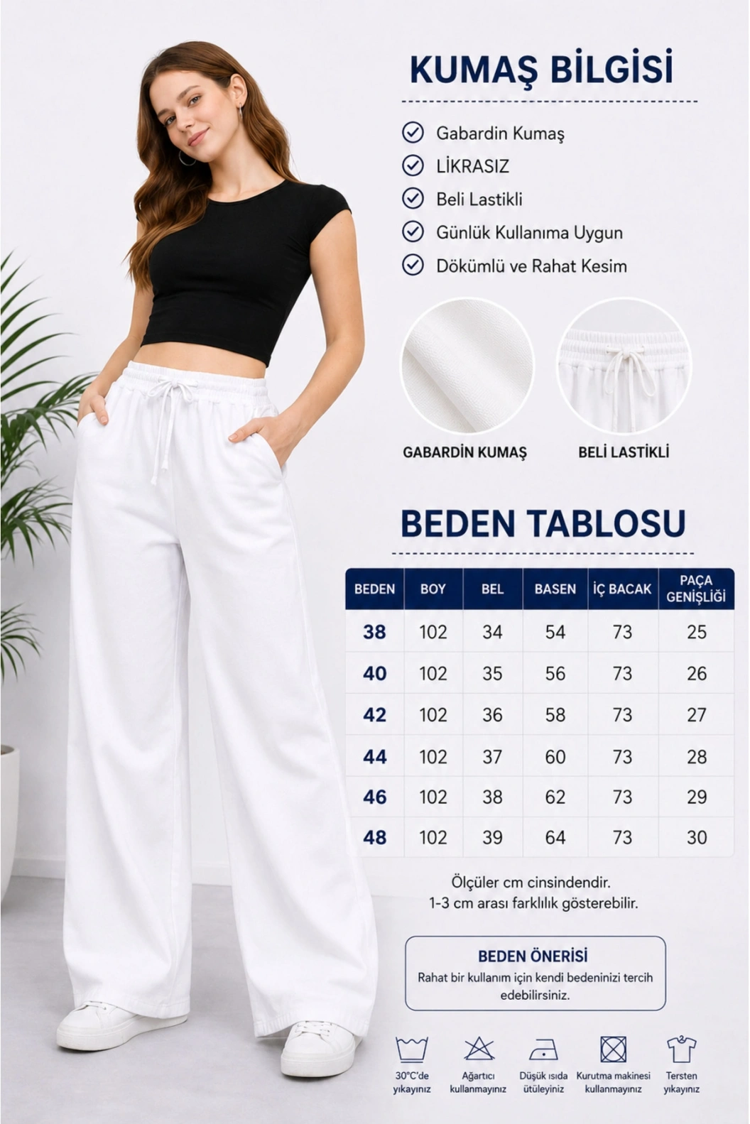 TELVİN Gabardin Bol Paça - Yüksek Bel Rahat Kalıp Pantolon BEYAZ