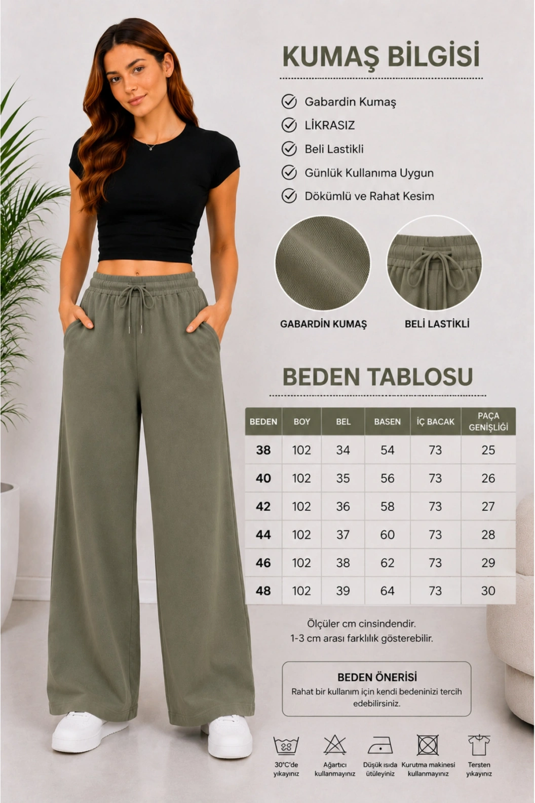 TELVİN Gabardin Bol Paça - Yüksek Bel Rahat Kalıp Pantolon HAKİ