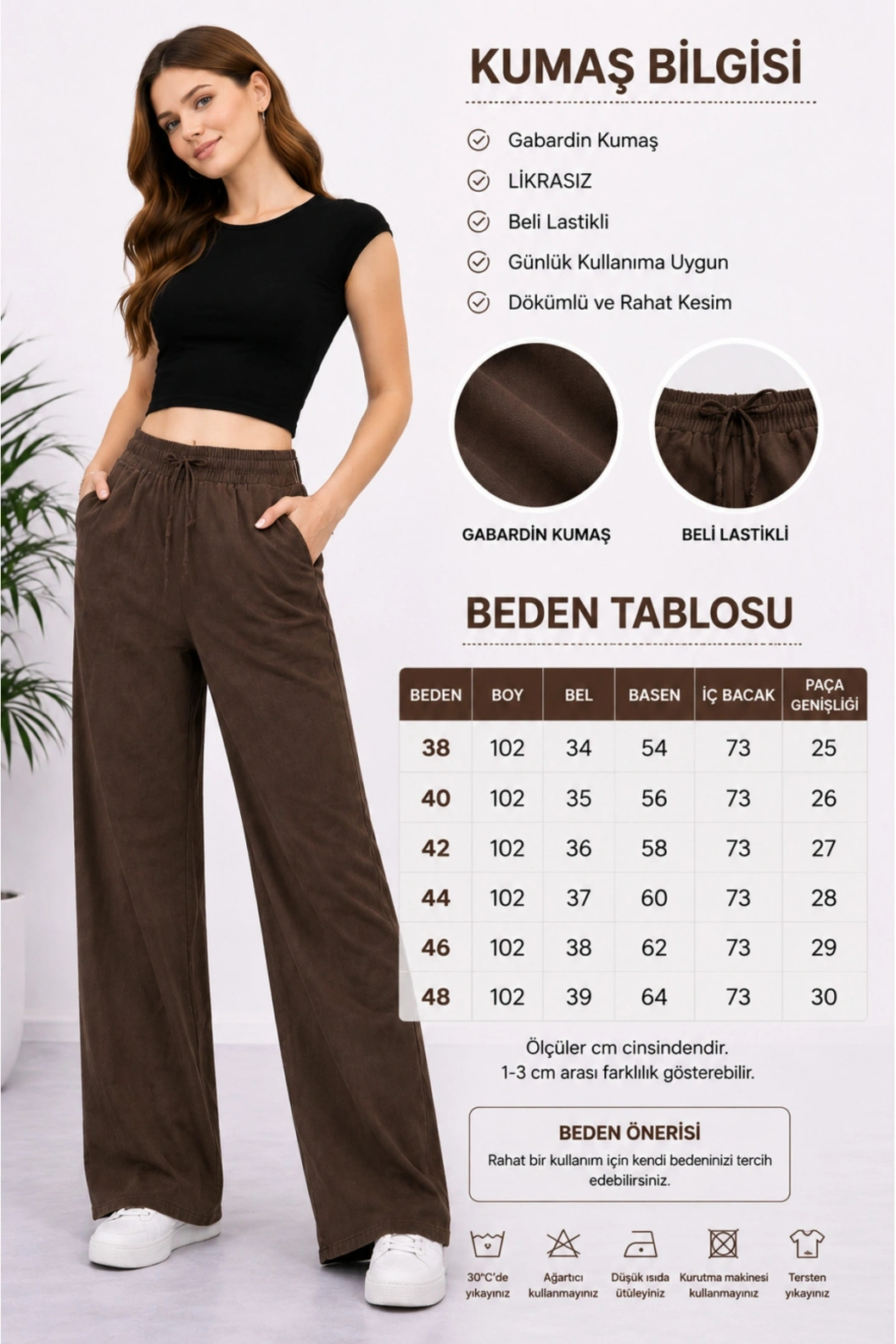 TELVİN Gabardin Bol Paça - Yüksek Bel Rahat Kalıp Pantolon KAHVE